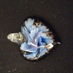 Glass Heart Pendant W/ Blue Flower